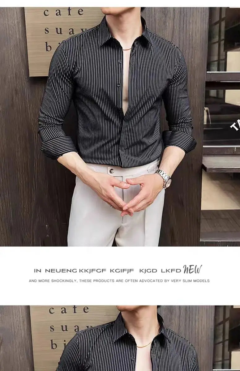 Men Striped Shirt Business Slim Fit Casual Non Iron Long Sleeve