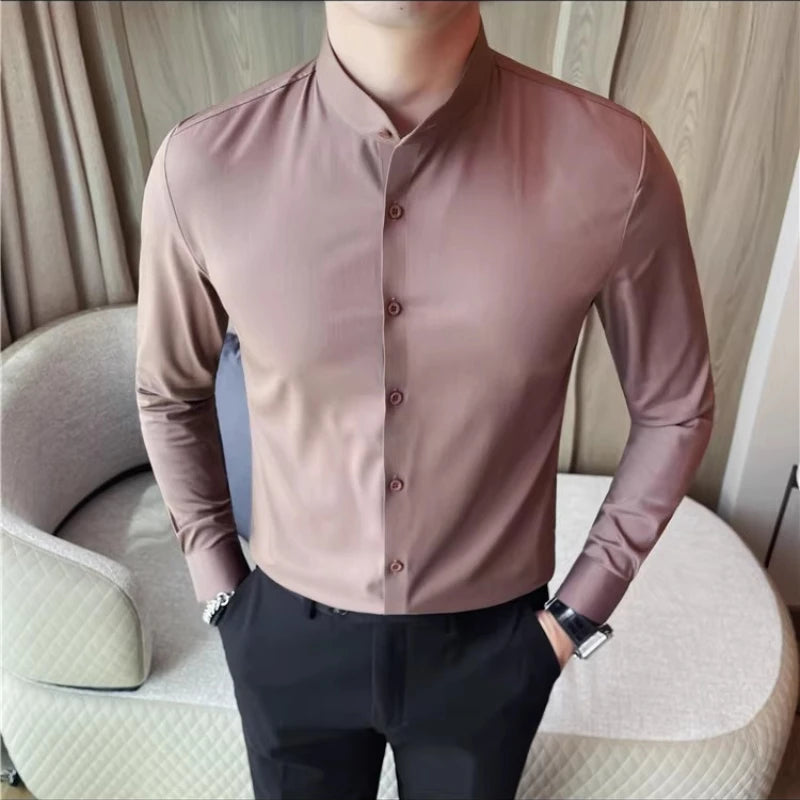 Men's Seamless Stand Up Collar Shirt  Solid Color Long Sleeved Shirt for Office