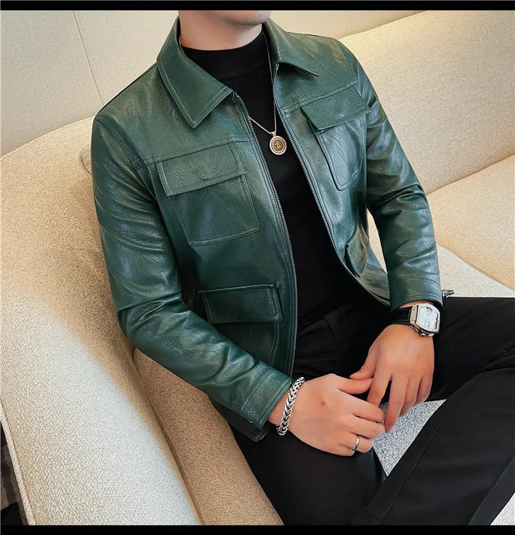 Men Fashion Lapel streetwear  Jacket Casual Business leather coats