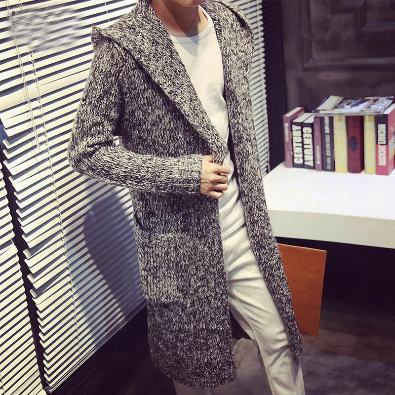 Alluring  Winter New Fashion Korean Style Men's Solid Color Long Sleeve Knitted Casual Trendy Hooded Sweater Coat