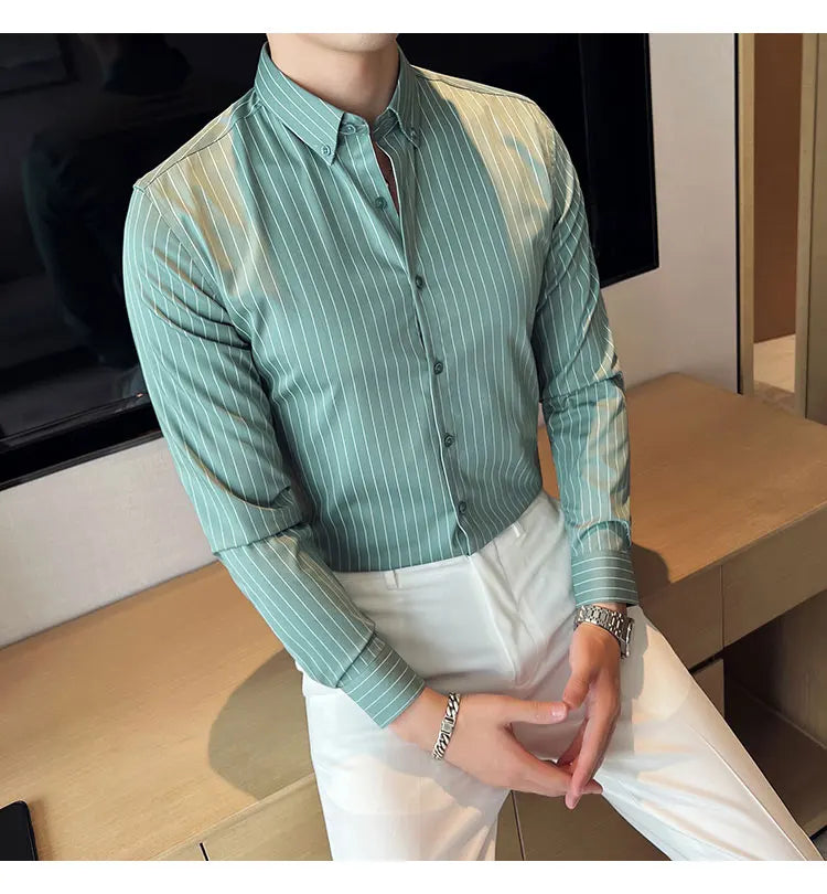 British Style Striped  Men' s Long Sleeve  Shirt