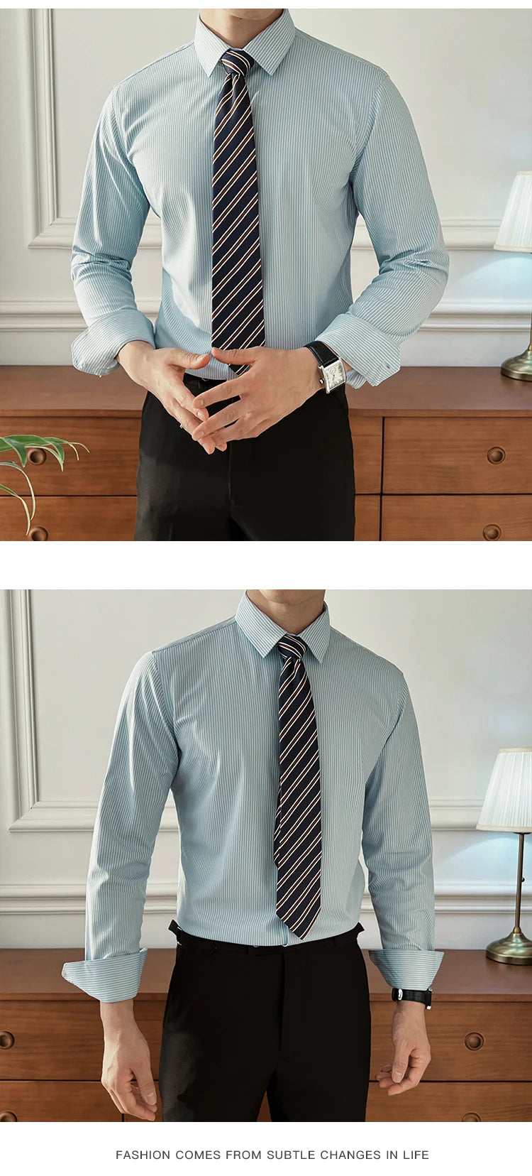 Stretch Slim Fit Men's Business Casual Shirt with Silk & Striped Design