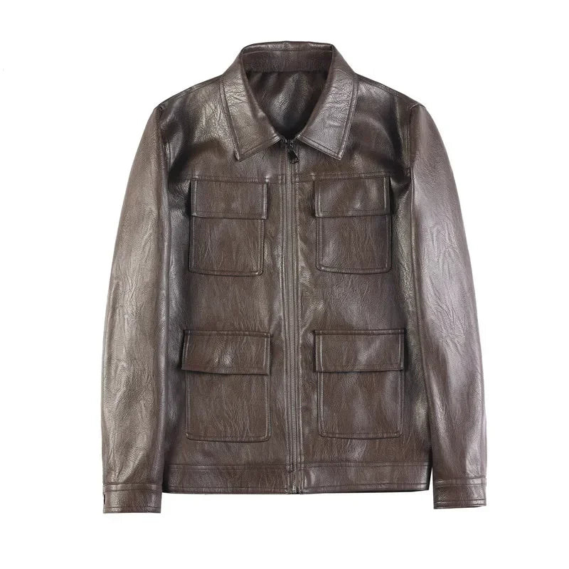 Men Fashion Lapel streetwear  Jacket Casual Business leather coats