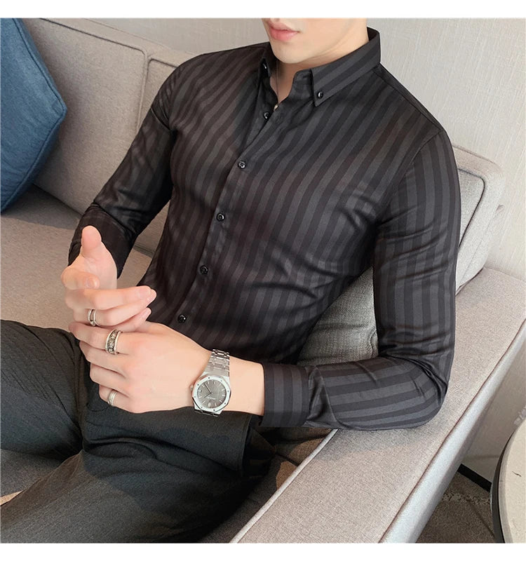 Alluring Korean Luxury Long Sleeve Striped Shirts For Men Slim Fit