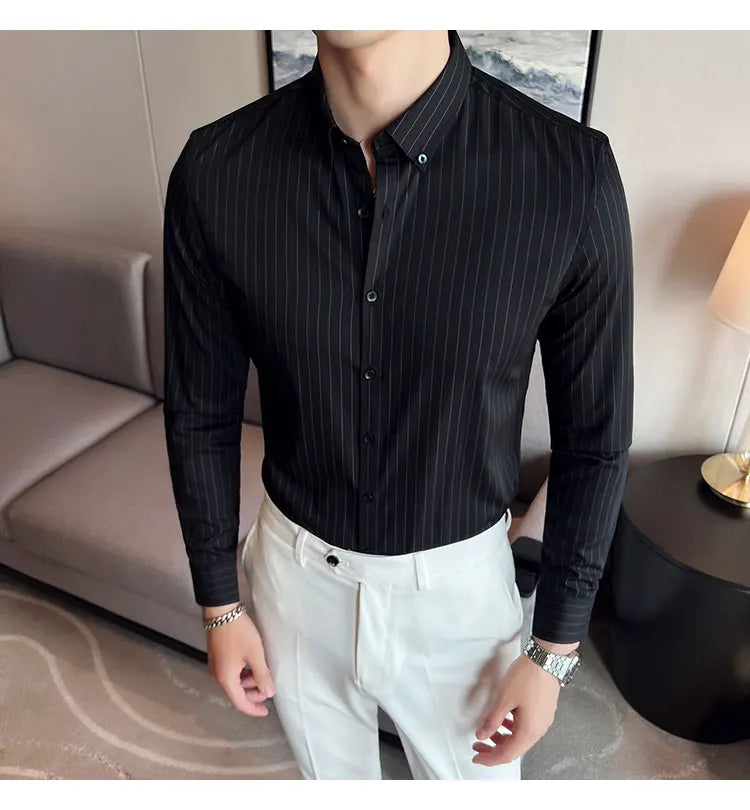 British Style Striped  Men' s Long Sleeve  Shirt