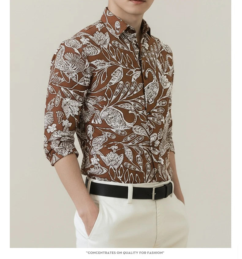Men's Retro  Black & White Paisley Pattern  Long Sleeve Shirt
