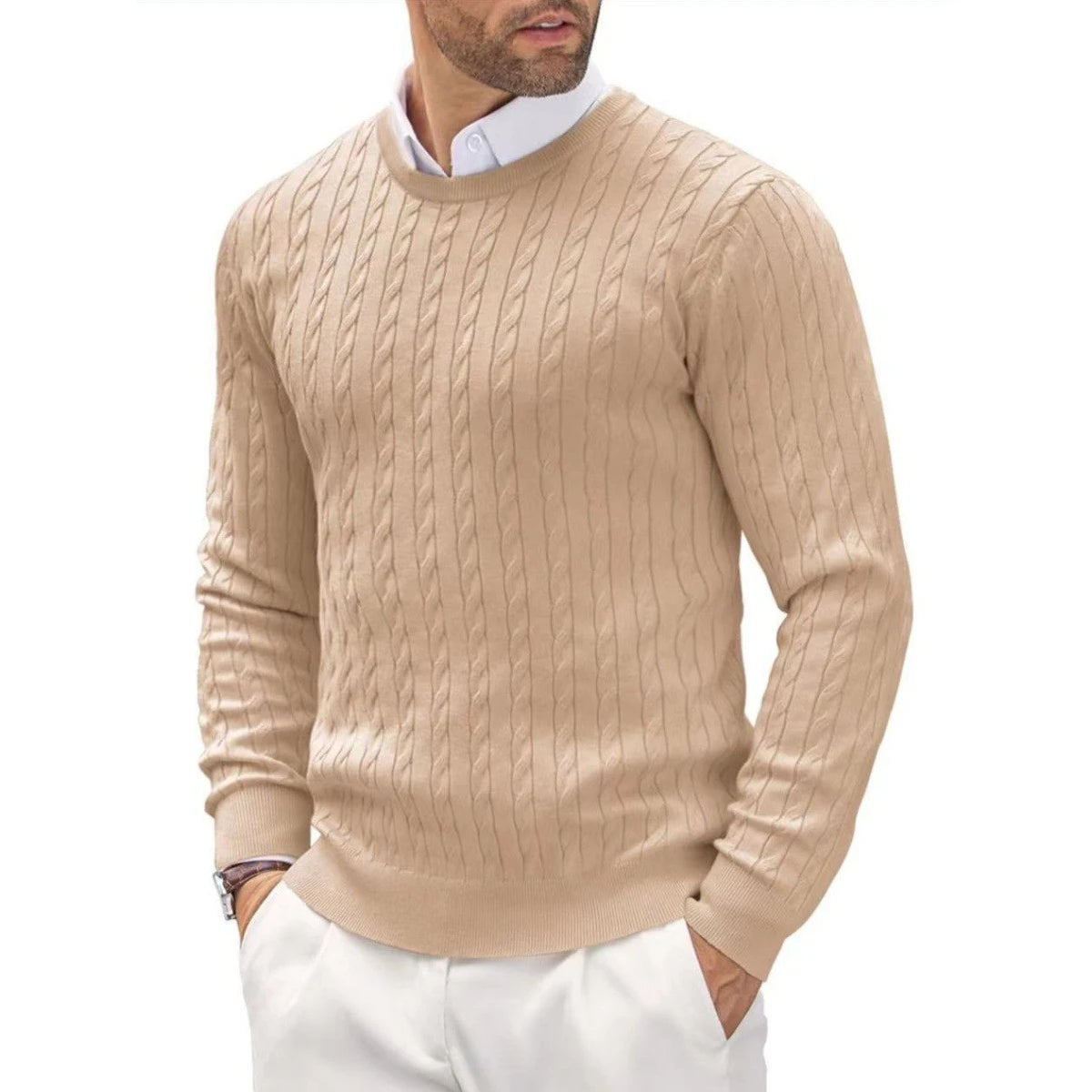 Men's All-Season Cable Knit Pullover Sweater with Rope Twist Pattern