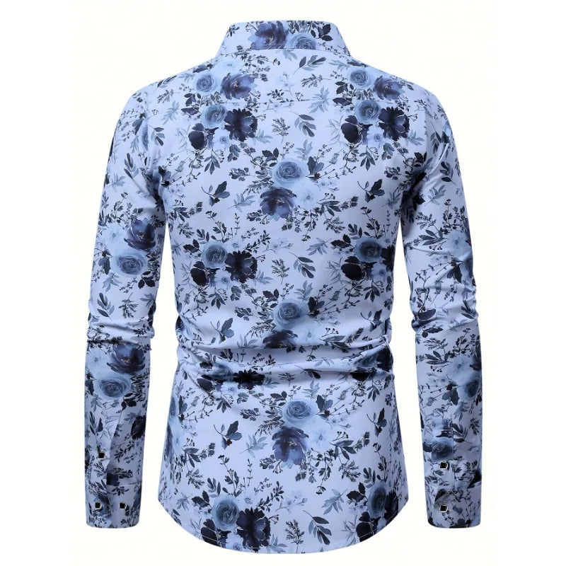 Men Hawaiian  Floral Printed Long Sleeve  Elastic Male Shirt