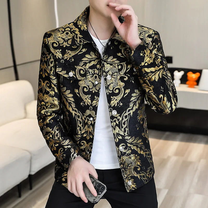 Men's Luxury Gold Jacquard Jacket for  Autumn Winter Season