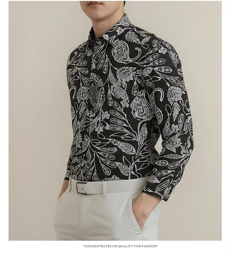 Men's Retro  Black & White Paisley Pattern  Long Sleeve Shirt