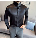 New Chinese Style Men's Long-sleeved Stand - Up Collar Satin Shirt  Luxury Men's Dress Shirt with Stand-up Collar Design