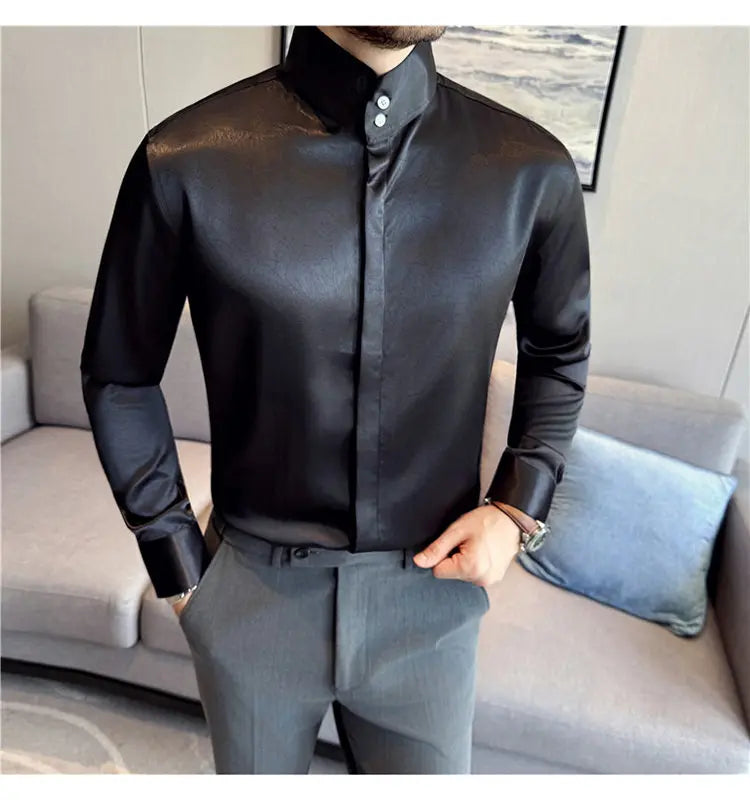 New Chinese Style Men's Long-sleeved Stand - Up Collar Satin Shirt  Luxury Men's Dress Shirt with Stand-up Collar Design