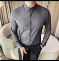 Men's Seamless Stand Up Collar Shirt  Solid Color Long Sleeved Shirt for Office