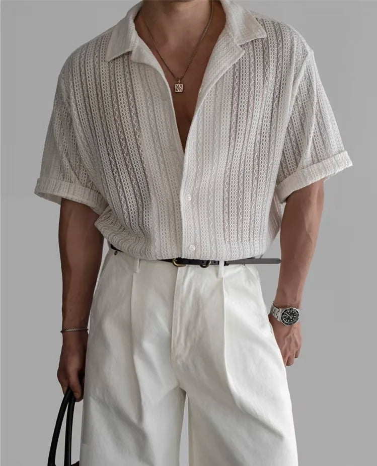 Vintage Cuban Collar Hollow Short Sleeved Shirt Men