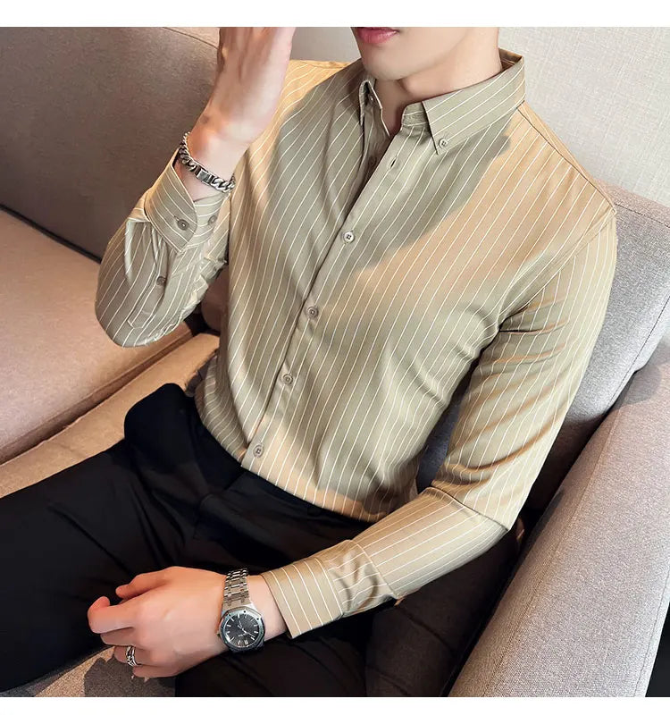 British Style Striped  Men' s Long Sleeve  Shirt