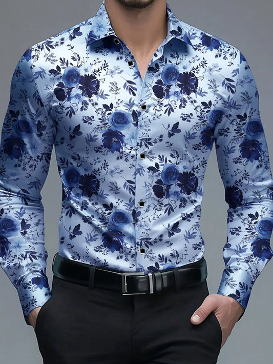 Men Hawaiian  Floral Printed Long Sleeve  Elastic Male Shirt