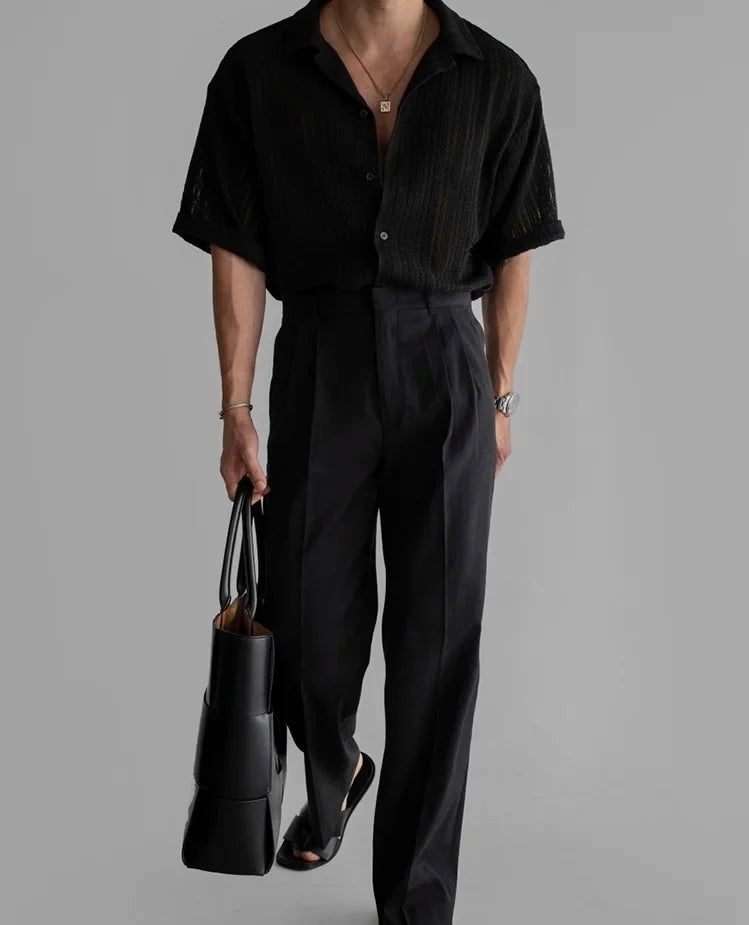 Vintage Cuban Collar Hollow Short Sleeved Shirt Men