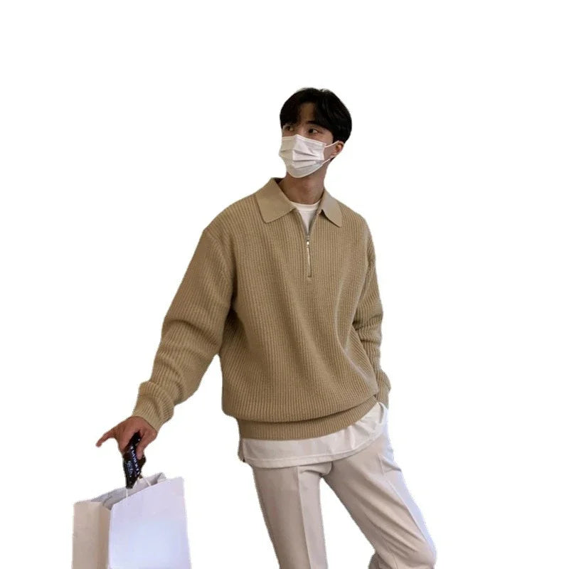 Korean Quality Youth POLO Collar Sweater. Men Winter Thickened Loose Half Zipper Sweater for Winter