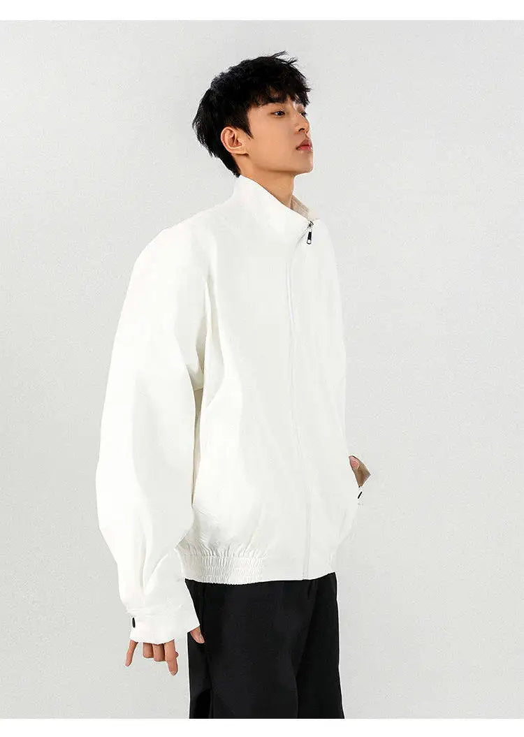 New Men's Solid Color Zip-up Stand Collar Loose Casual Jacket